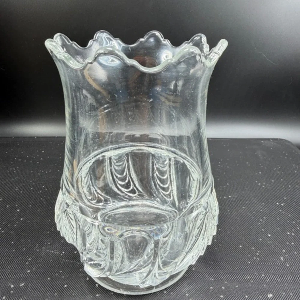 EAPG Victorian Manganese‎ Glass Vase Scalloped Feather Glows Herringbone Celery